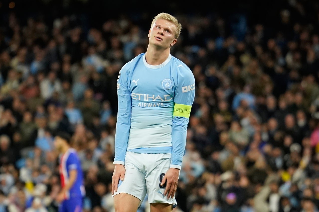 Erling Haaland scored twice but City’s second-half momentum was punctured by Akliouche scoring PSG’s fourth (AP)