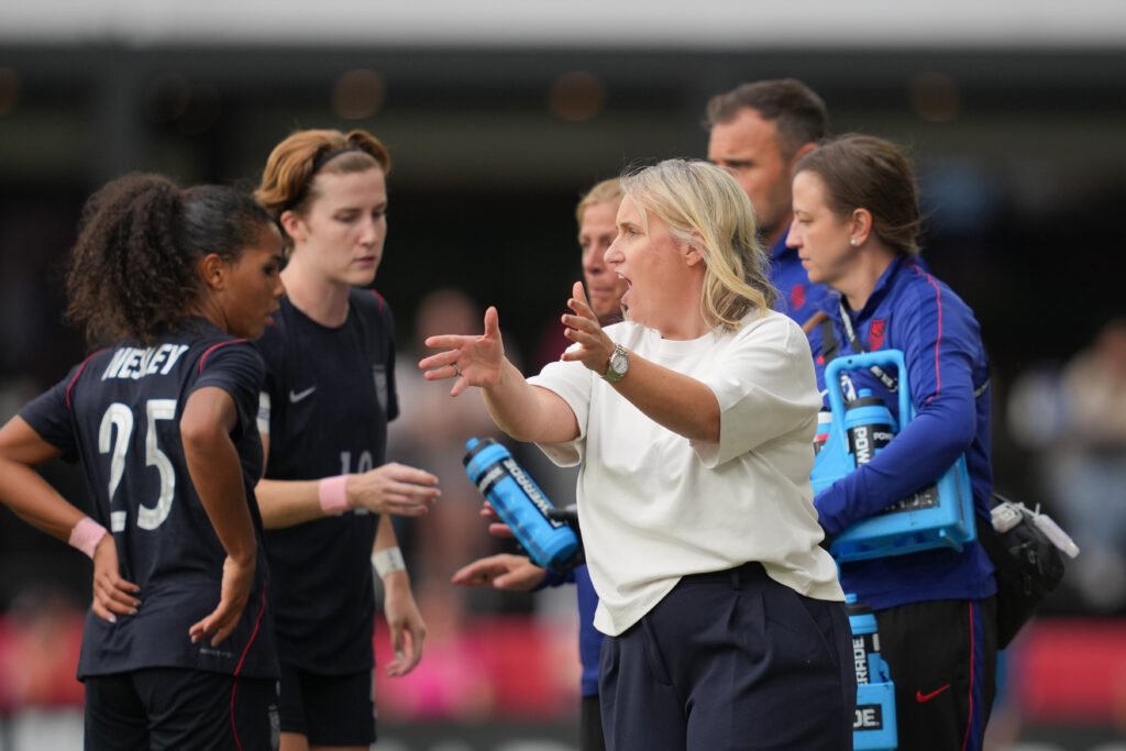 WASHINGTON, DC - OCTOBER 10: United States head coach Emma Hayes talks with Kennedy Wesley #25 of the United States during the second half against Spain at Audi Field on October 10, 2026 in Washington, DC. (Photo by Brad Smith/ISI Photos/ISI Photos via Getty Images)