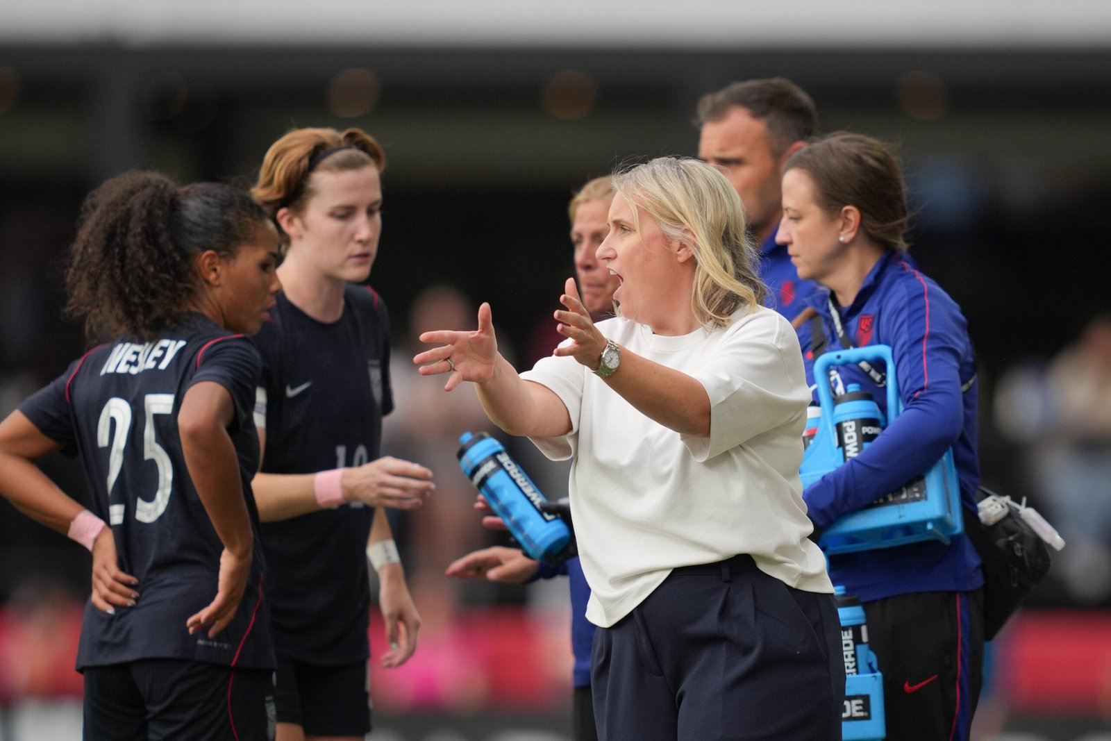 WASHINGTON, DC - OCTOBER 10: United States head coach Emma Hayes talks with Kennedy Wesley #25 of the United States during the second half against Spain at Audi Field on October 10, 2026 in Washington, DC. (Photo by Brad Smith/ISI Photos/ISI Photos via Getty Images)